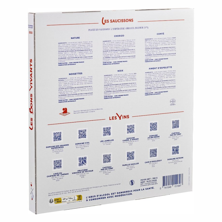 Dos du calendrier avent saucisson et vin Les Bons Vivants 2025